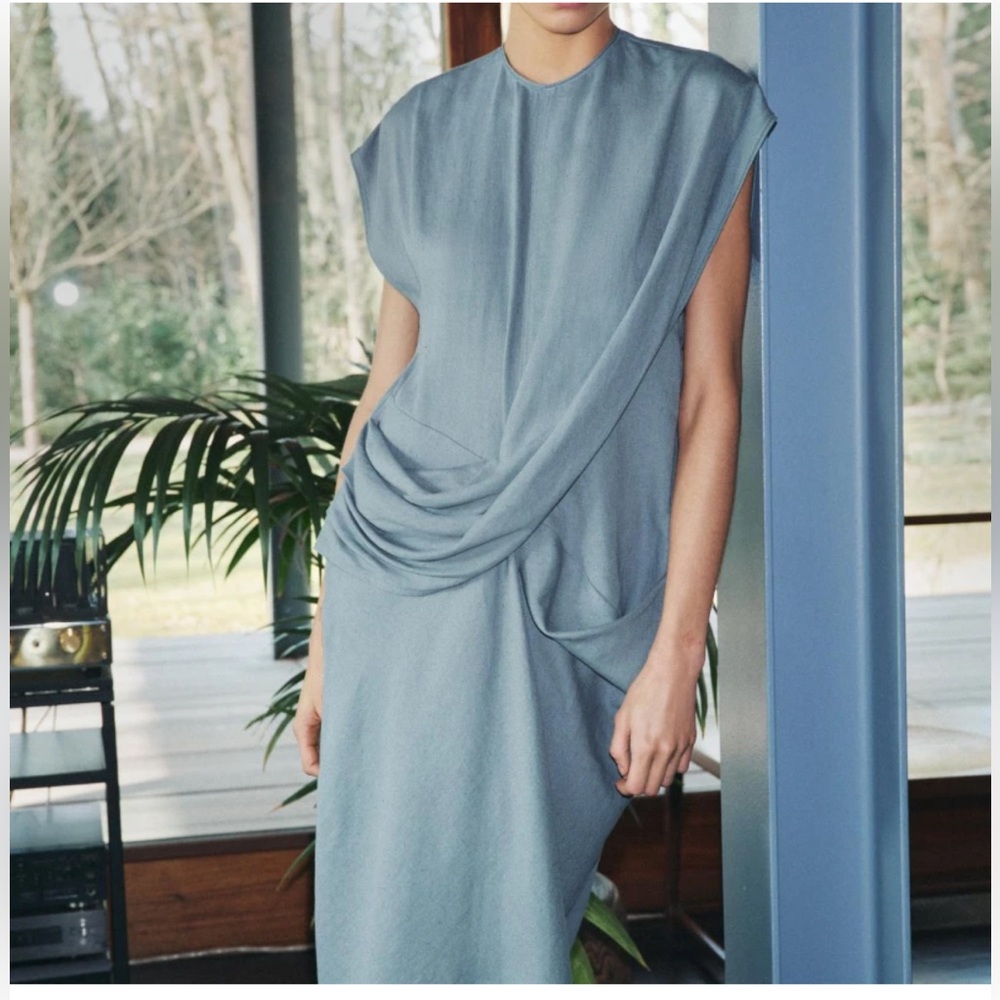 ZARA LINEN BLEND DRAPED DRESS ZW COLLECTION // DUCK BLUE SIZE M